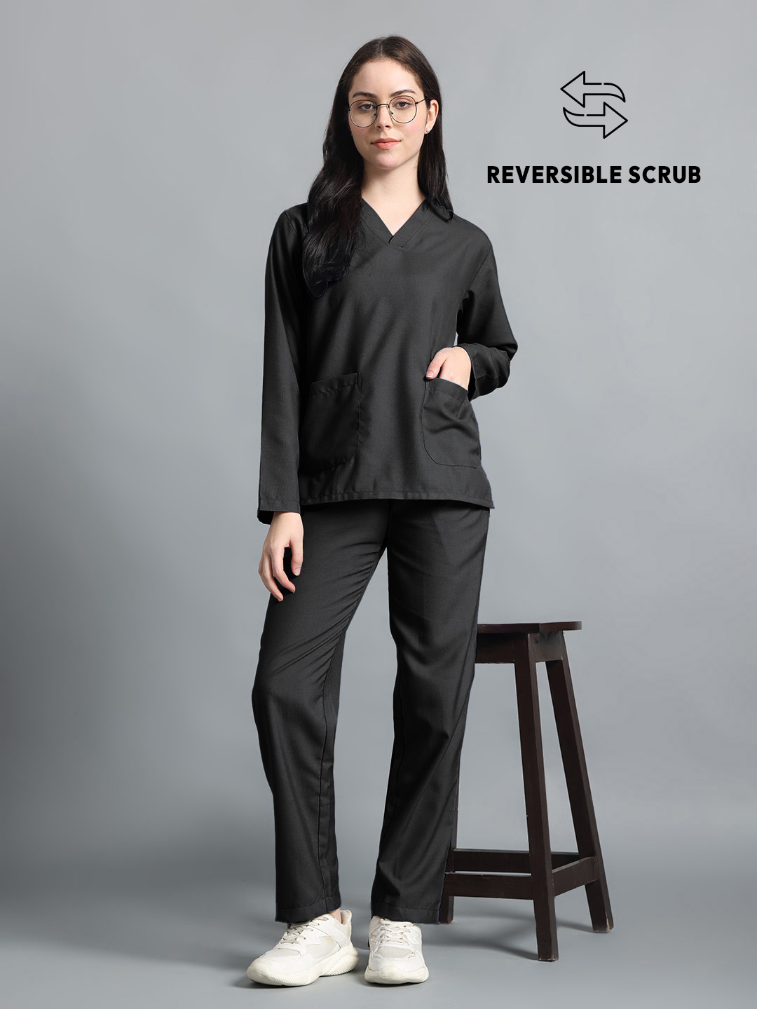 Black Reversible Full Sleeve Medical Scrubs - Female