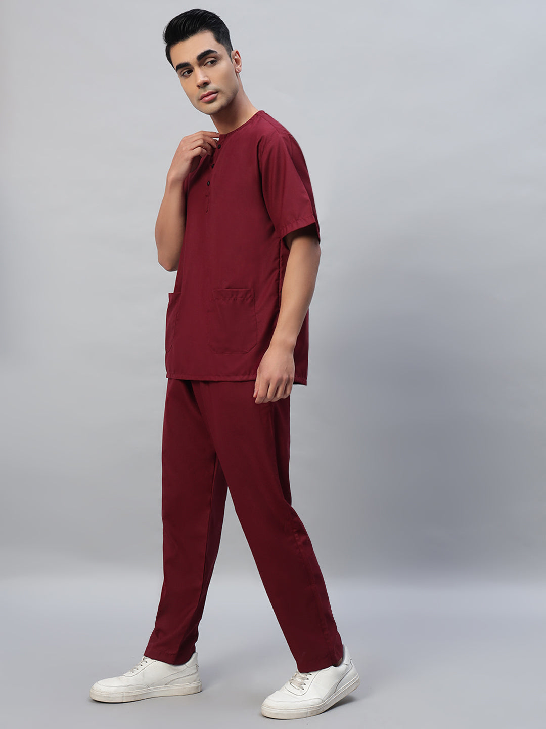 Maroon All-Day Half Sleeve Round Neck 3 Buttons Medical Scrubs - Male