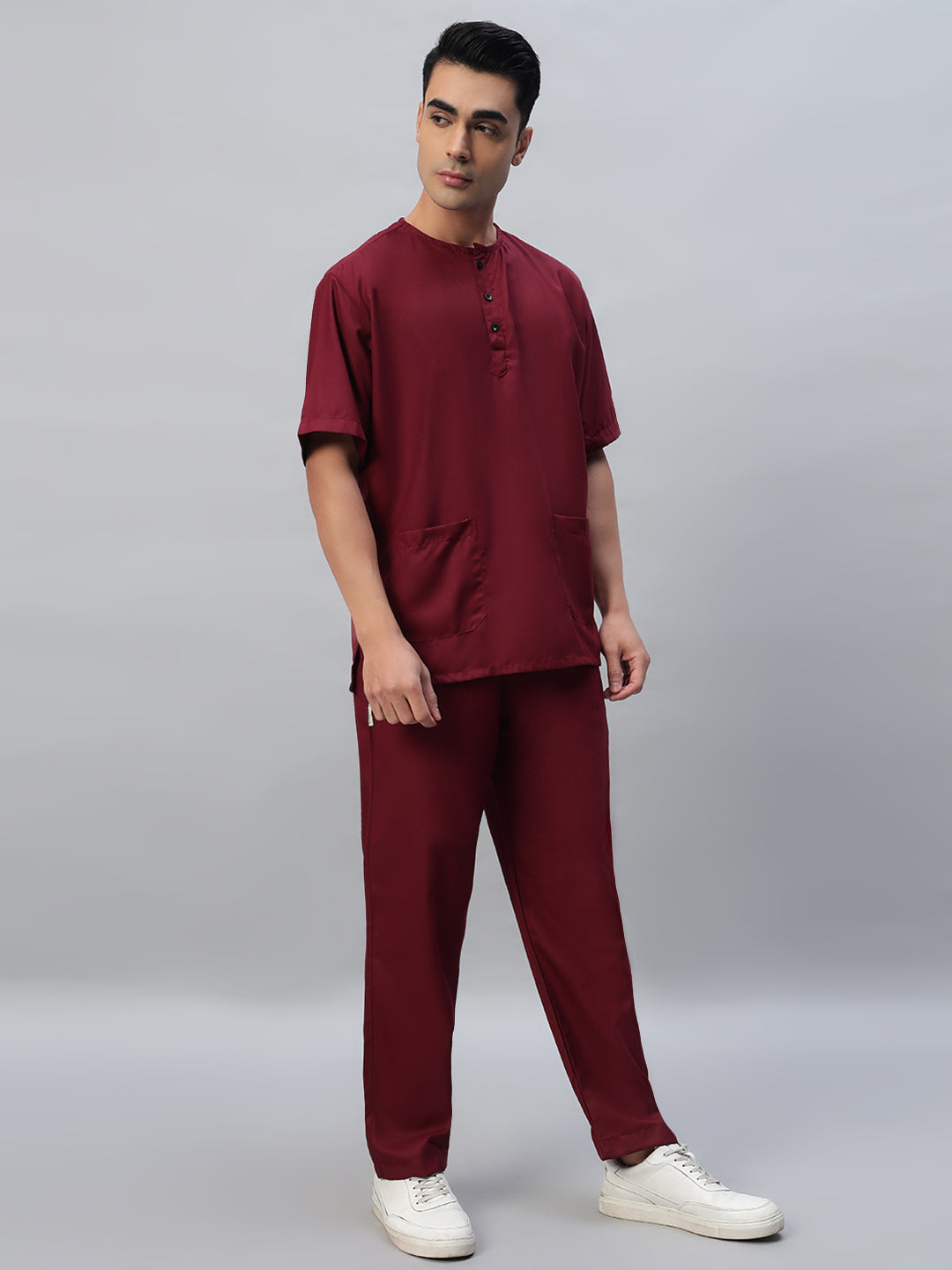 Maroon All-Day Half Sleeve Round Neck 3 Buttons Medical Scrubs - Male