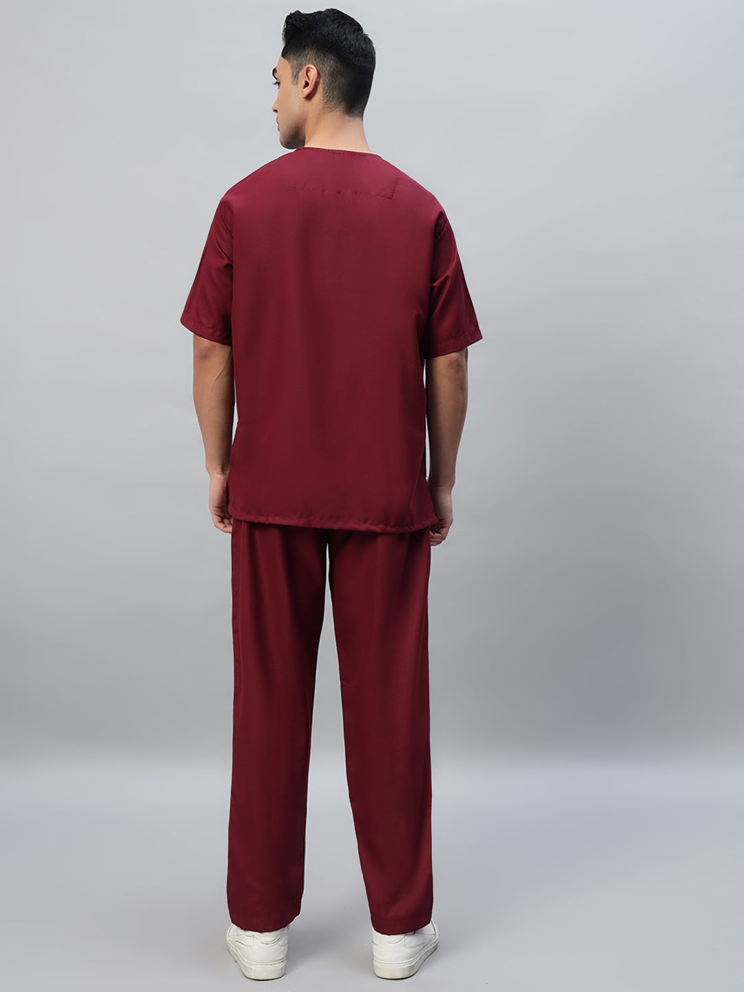 Maroon All-Day Half Sleeve Round Neck 3 Buttons Medical Scrubs - Male