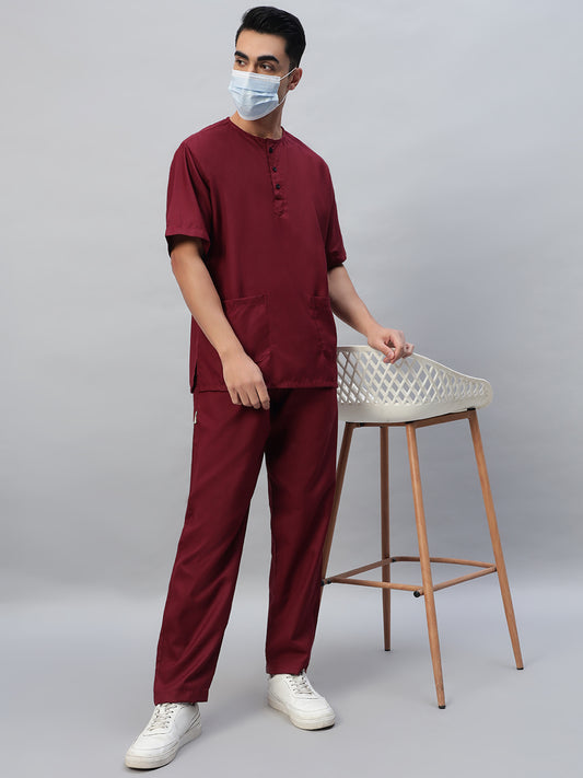 Maroon All-Day Half Sleeve Round Neck 3 Buttons Medical Scrubs - Male