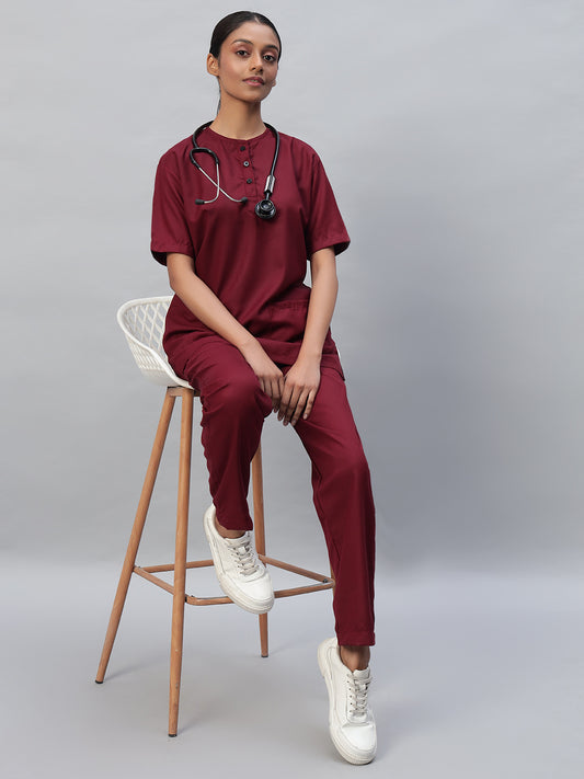 Maroon All-Day Half Sleeve Round Neck 3 Buttons Medical Scrubs - Female