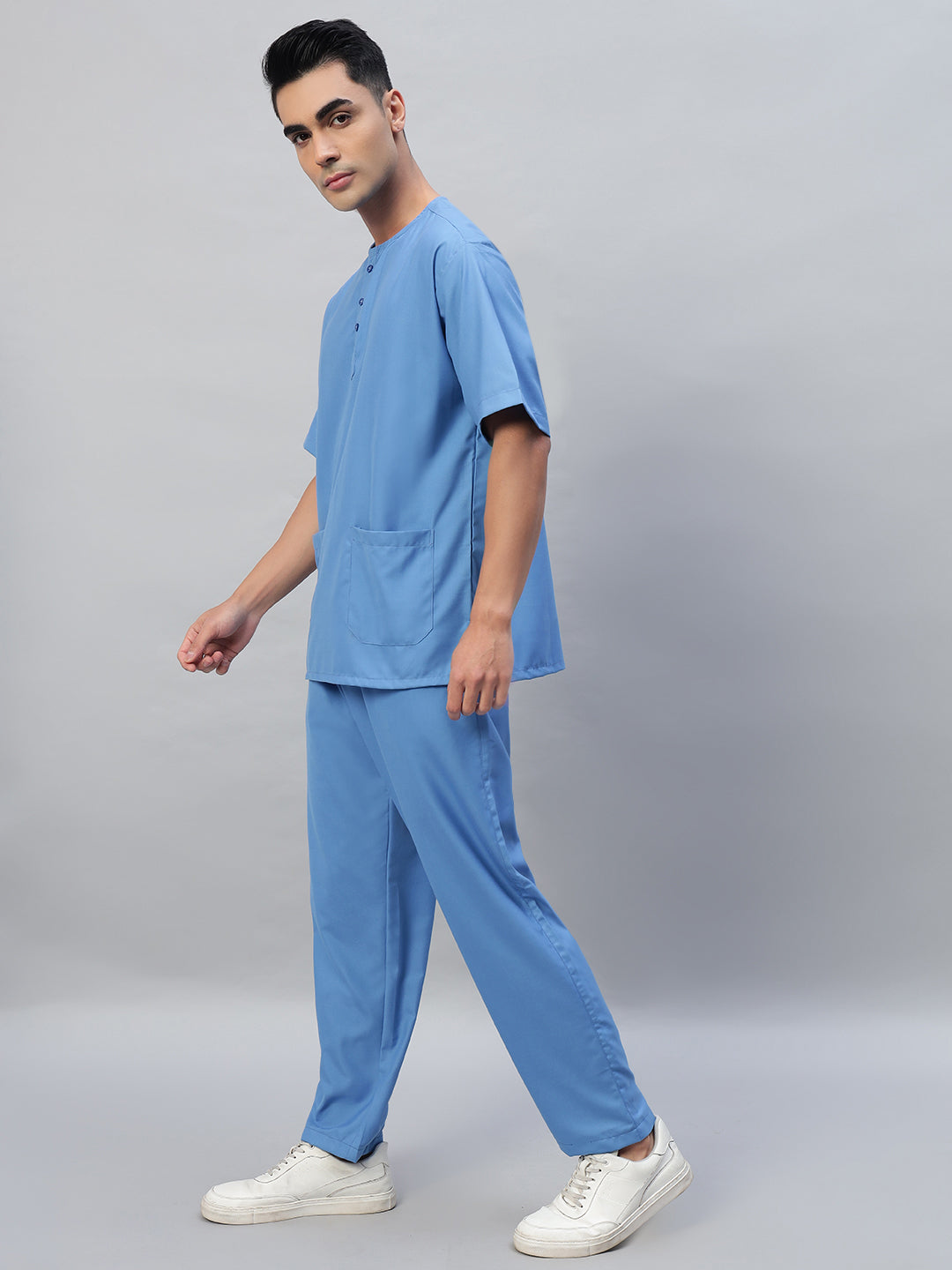 Sky Blue All-Day Half Sleeve Round Neck 3 Buttons Medical Scrubs - Male