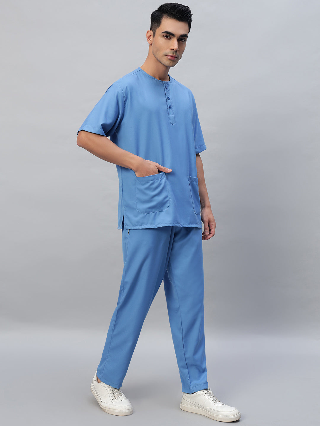 Sky Blue All-Day Half Sleeve Round Neck 3 Buttons Medical Scrubs - Male