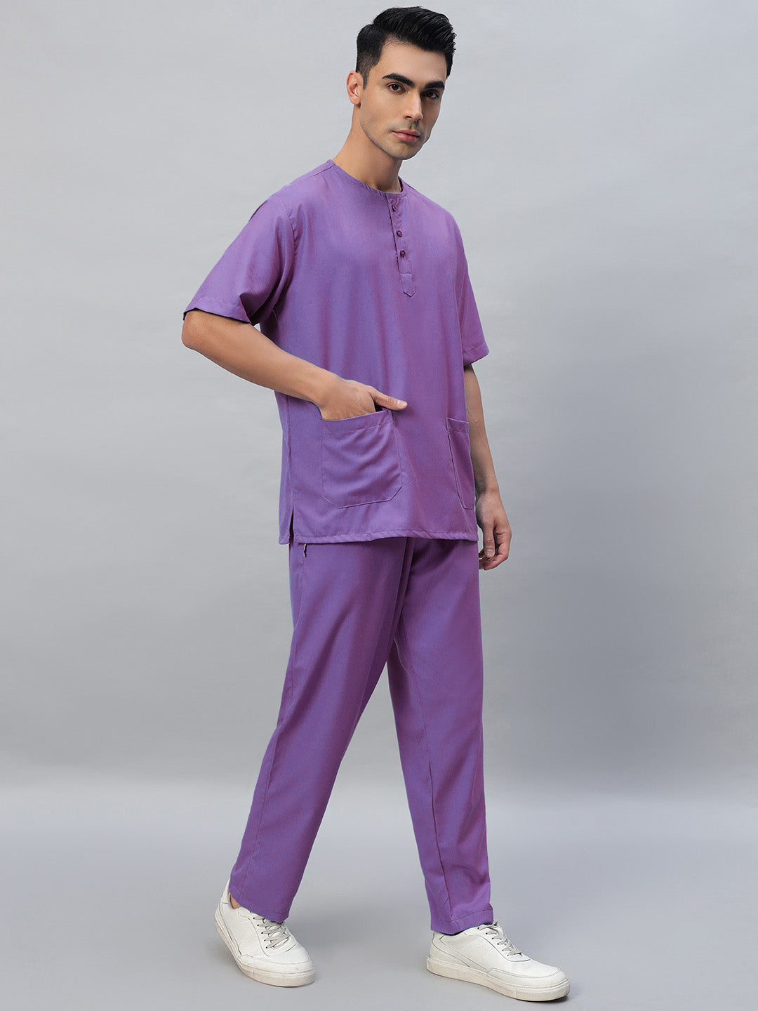 Violet All-Day Half Sleeve Round Neck 3 Buttons Medical Scrubs - Male