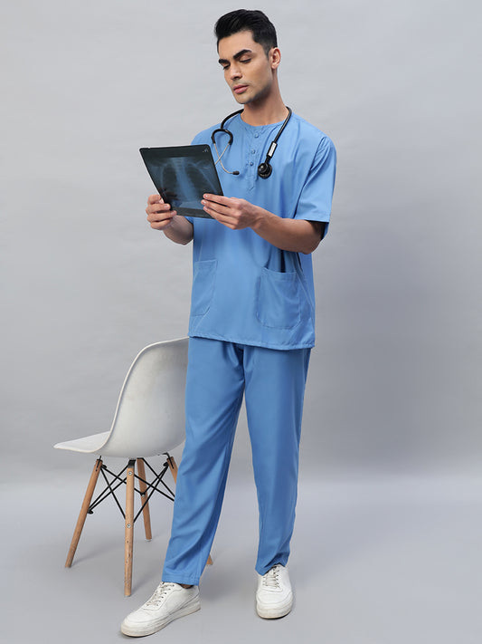 Sky Blue All-Day Half Sleeve Round Neck 3 Buttons Medical Scrubs - Male