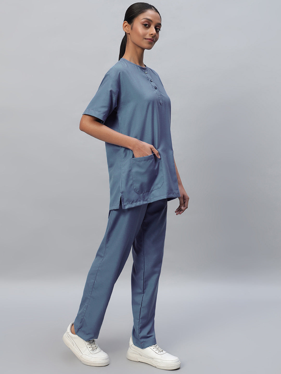 Teal All-Day Half Sleeve Round Neck 3 Buttons Medical Scrubs - Female