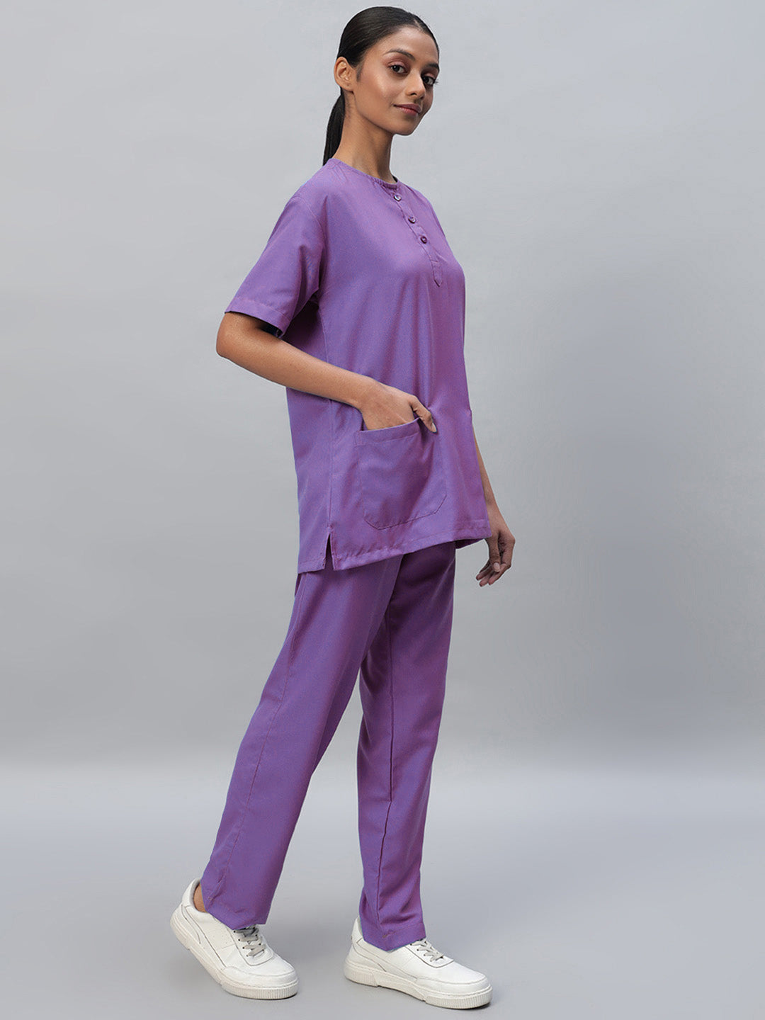 Violet All-Day Half Sleeve Round Neck 3 Buttons Medical Scrubs - Female