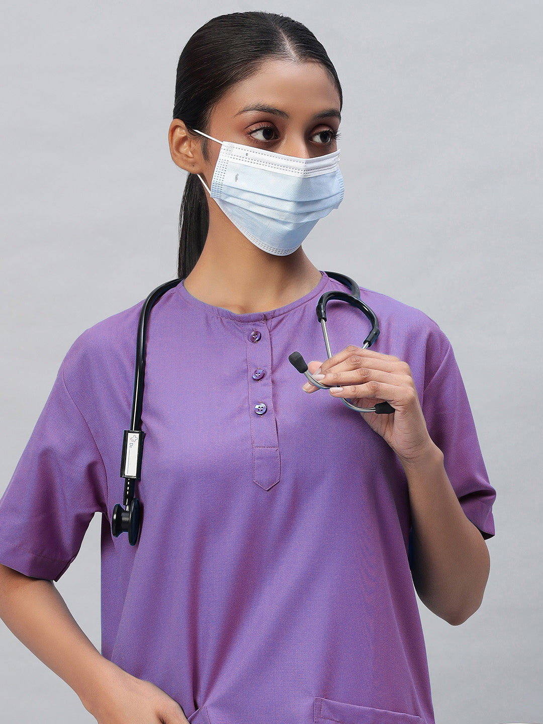 Violet All-Day Half Sleeve Round Neck 3 Buttons Medical Scrubs - Female