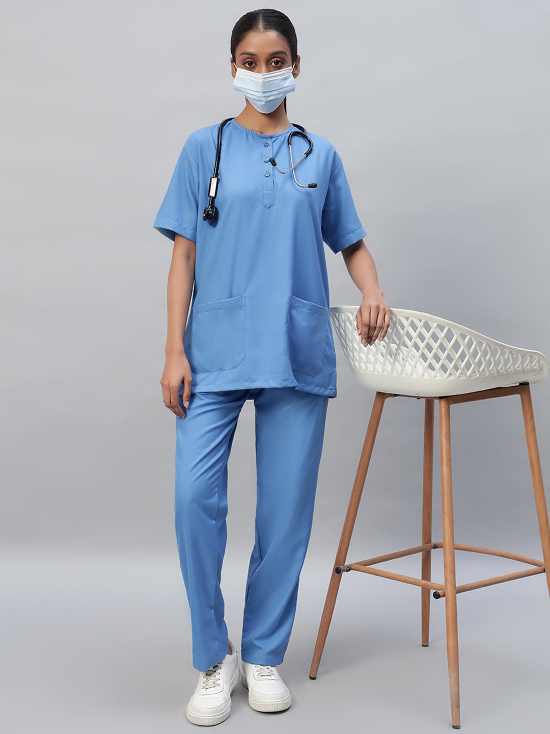 All-Day Half Sleeve Round Neck 3 Buttons Medical Scrubs - Female