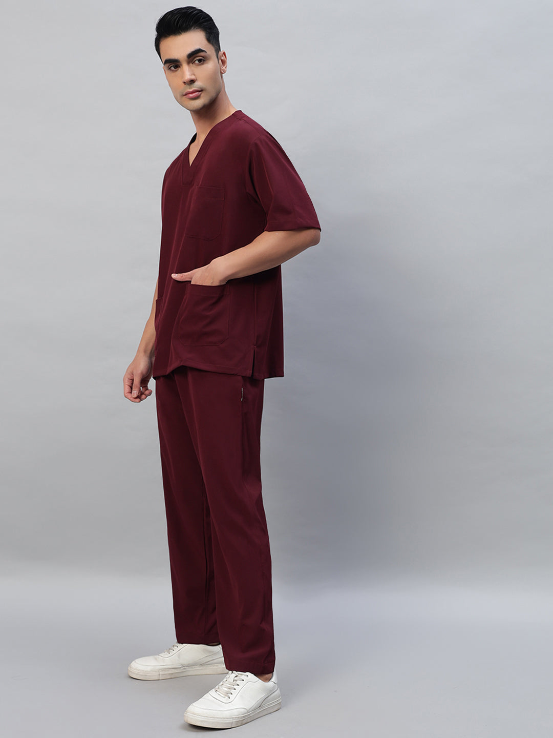 Wine Athleisure Stretch Half Sleeve Medical Scrubs - Male