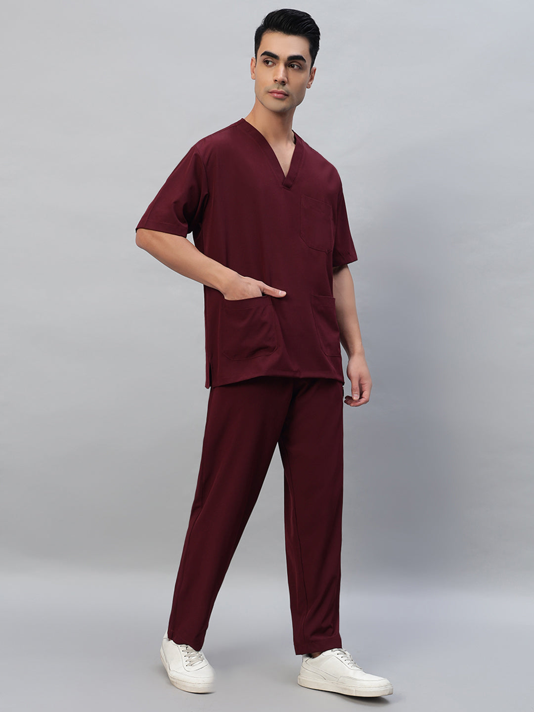 Wine Athleisure Stretch Half Sleeve Medical Scrubs - Male