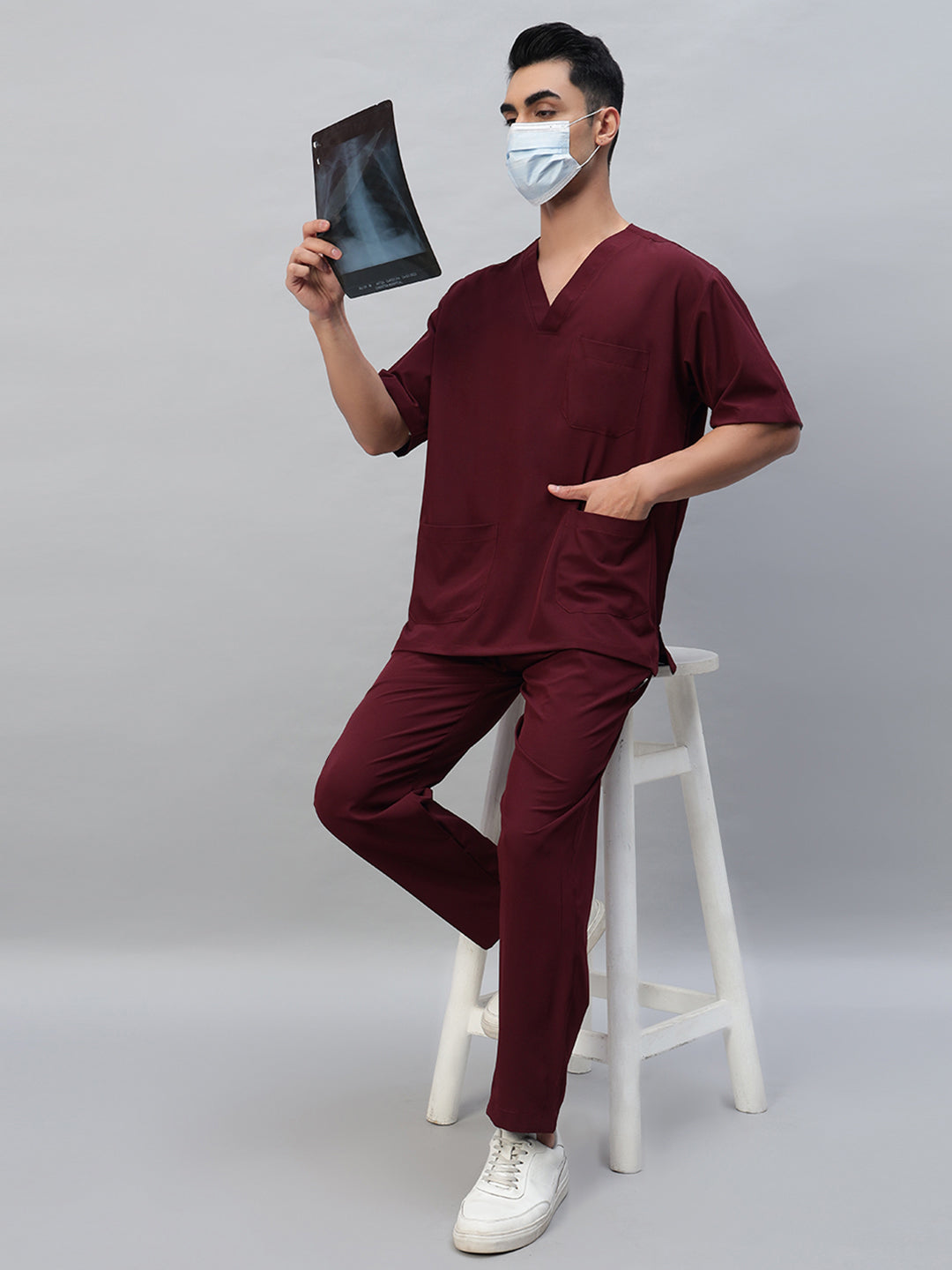 Wine Athleisure Stretch Half Sleeve Medical Scrubs - Male