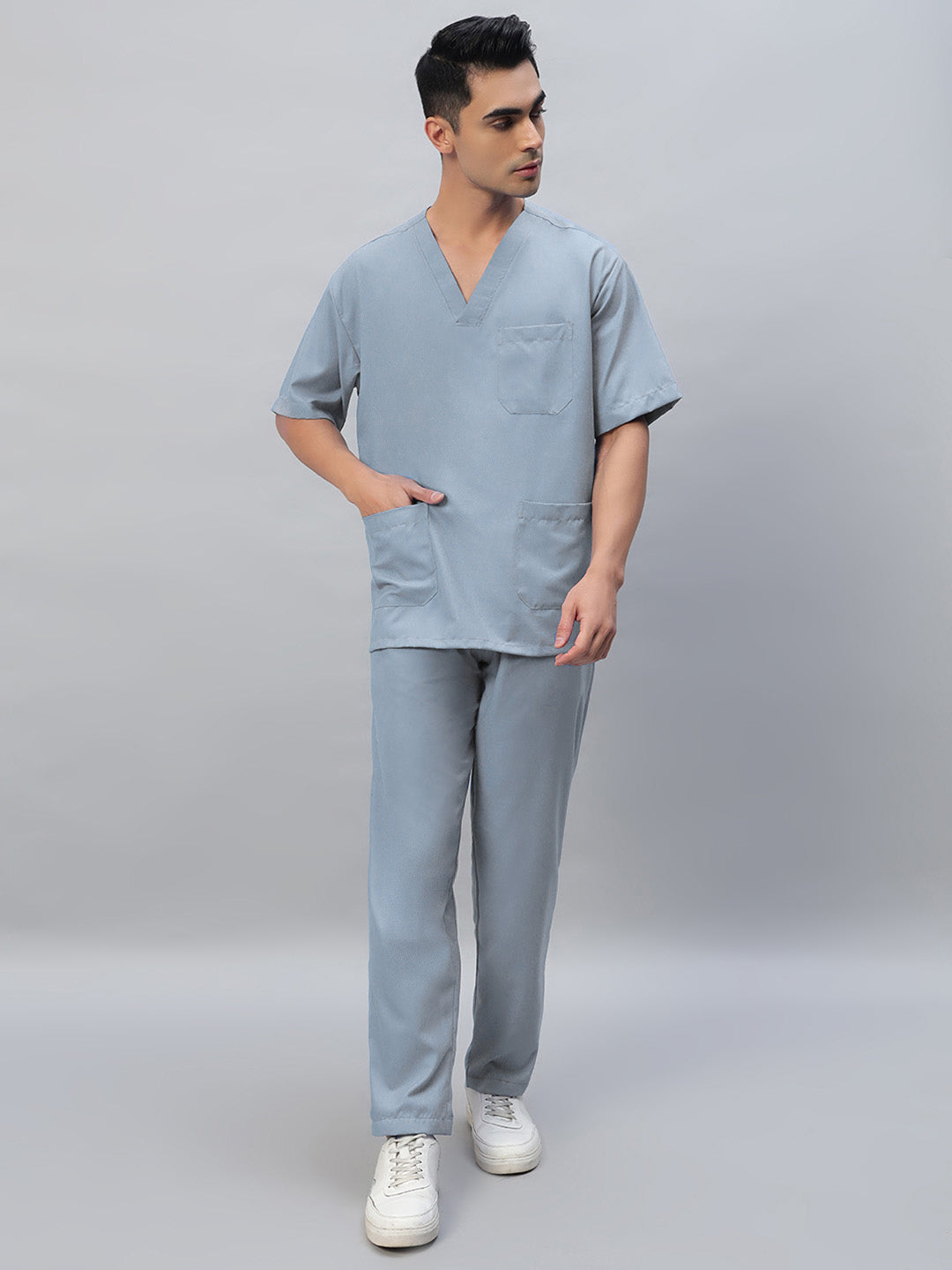 Light Grey Athleisure Stretch Half Sleeve Medical Scrubs - Male