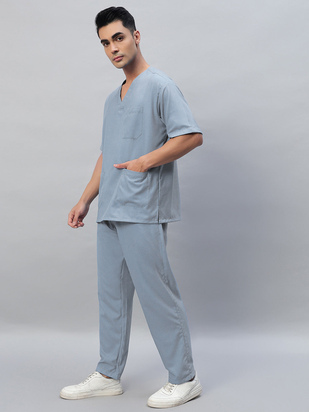 Light Grey Athleisure Stretch Half Sleeve Medical Scrubs - Male