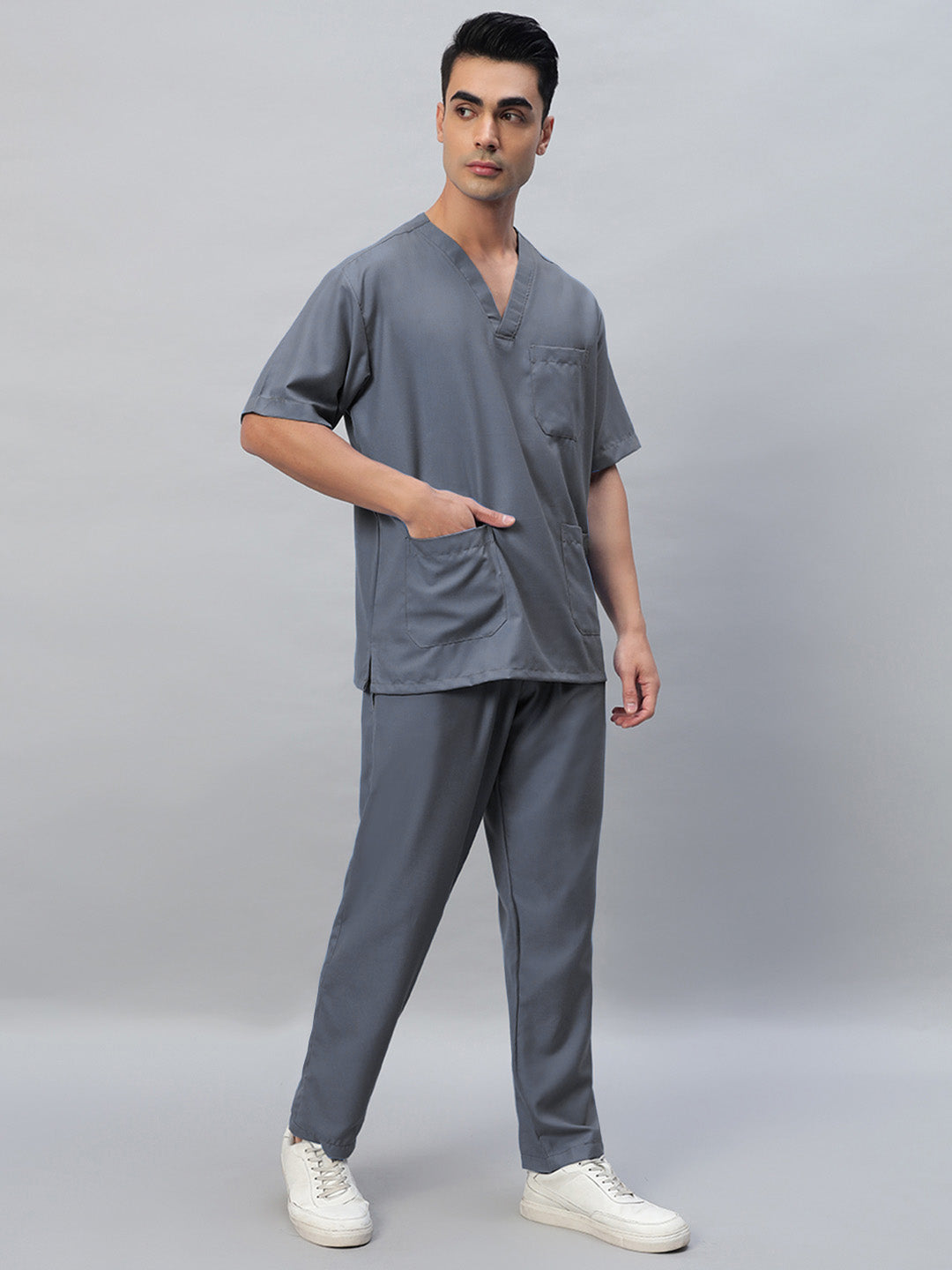 Dark Grey Athleisure Stretch Half Sleeve Medical Scrubs - Male