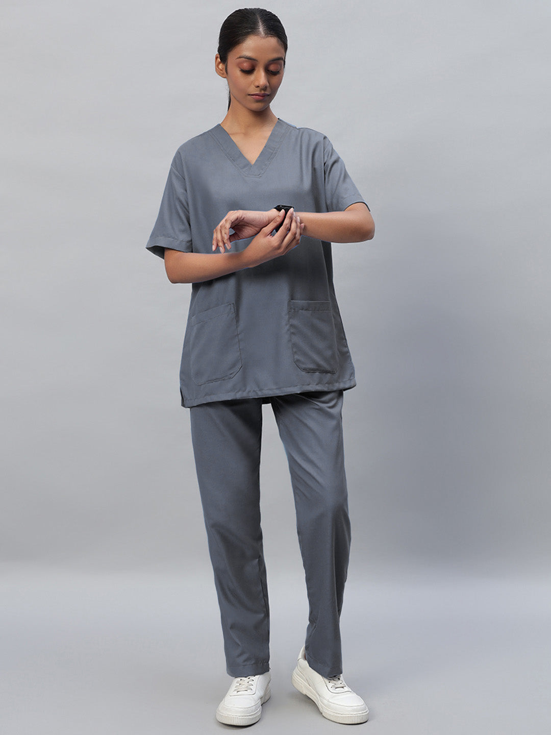 Dark Grey Athleisure Stretch Half Sleeve Medical Scrubs – Female