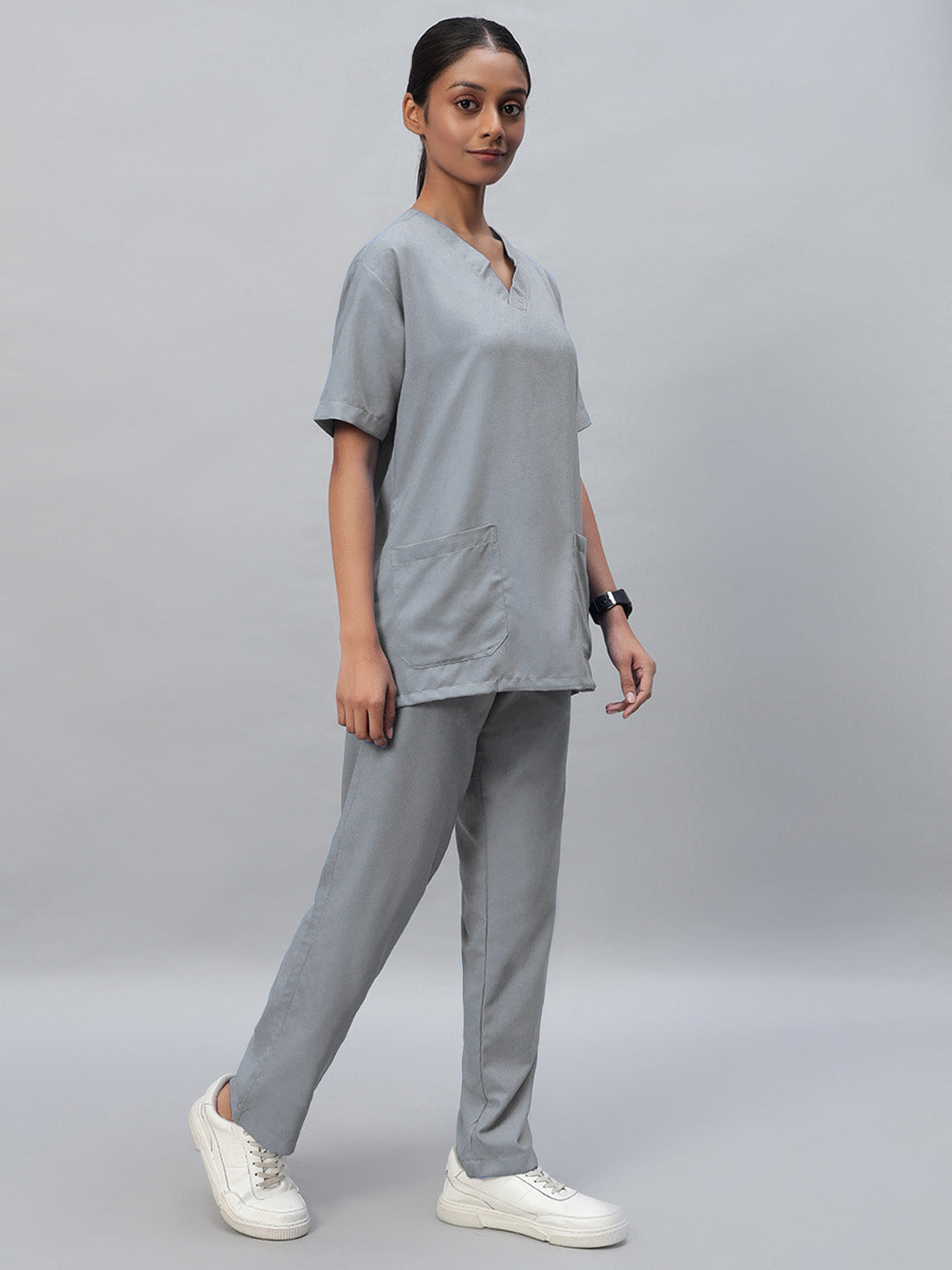 Light Grey Athleisure Stretch Half Sleeve Medical Scrubs – Female