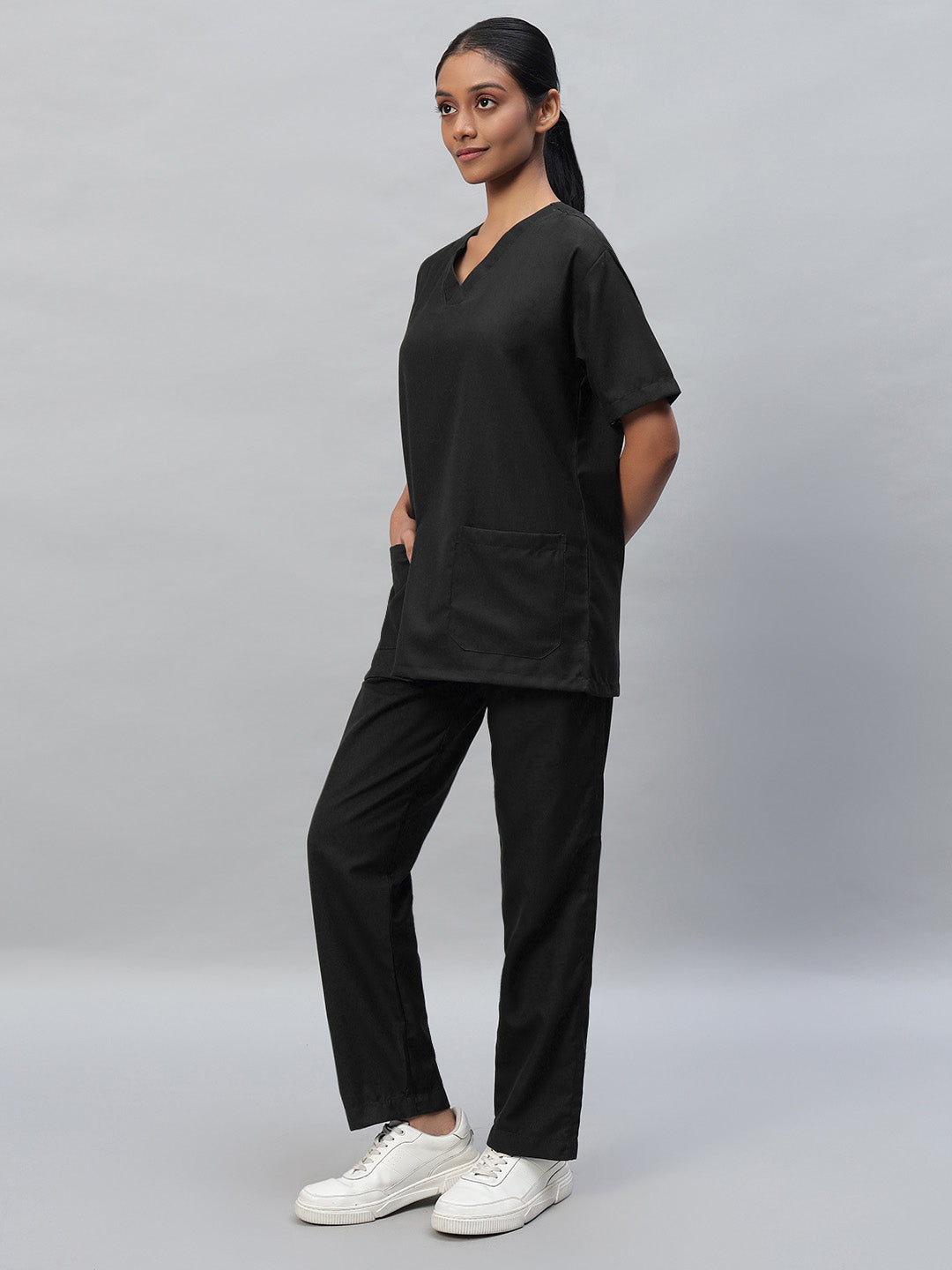 Black All Star 7 Pockets Half Sleeve Medical Scrubs – Female