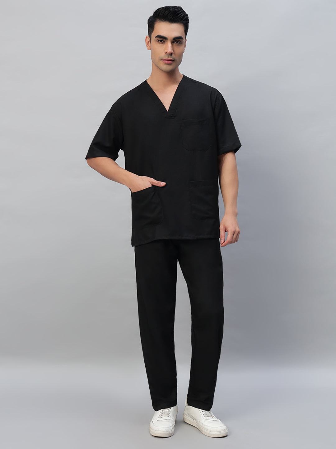 Black Athleisure Stretch Half Sleeve Medical Scrubs - Male