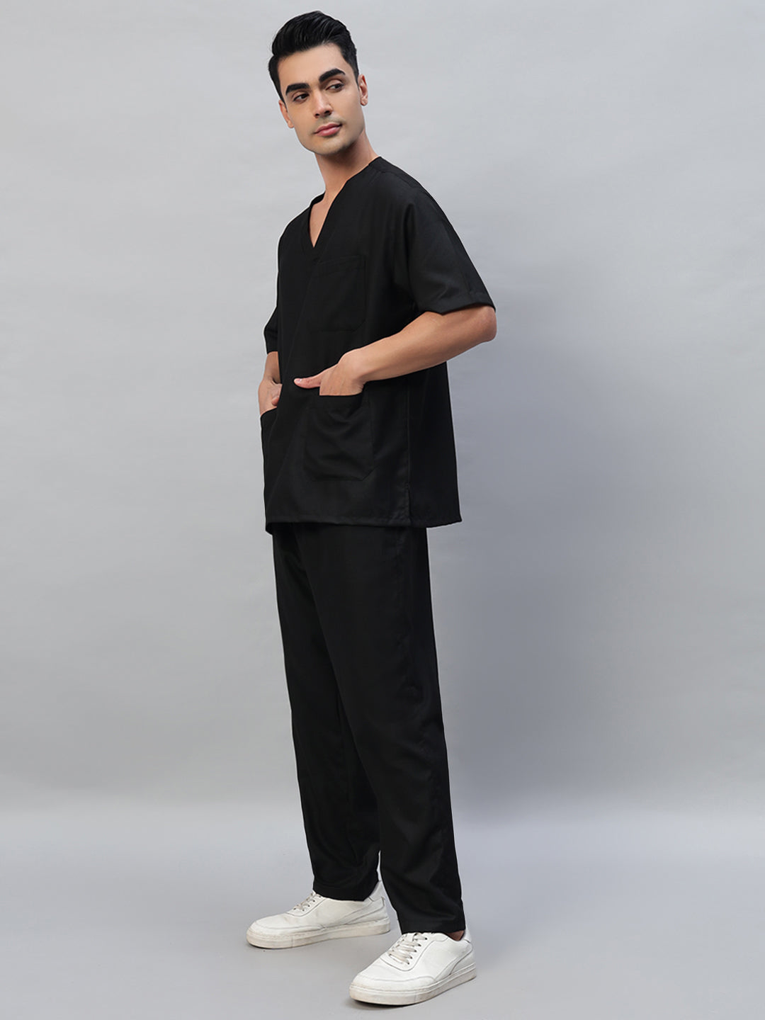 Black Athleisure Stretch Half Sleeve Medical Scrubs - Male