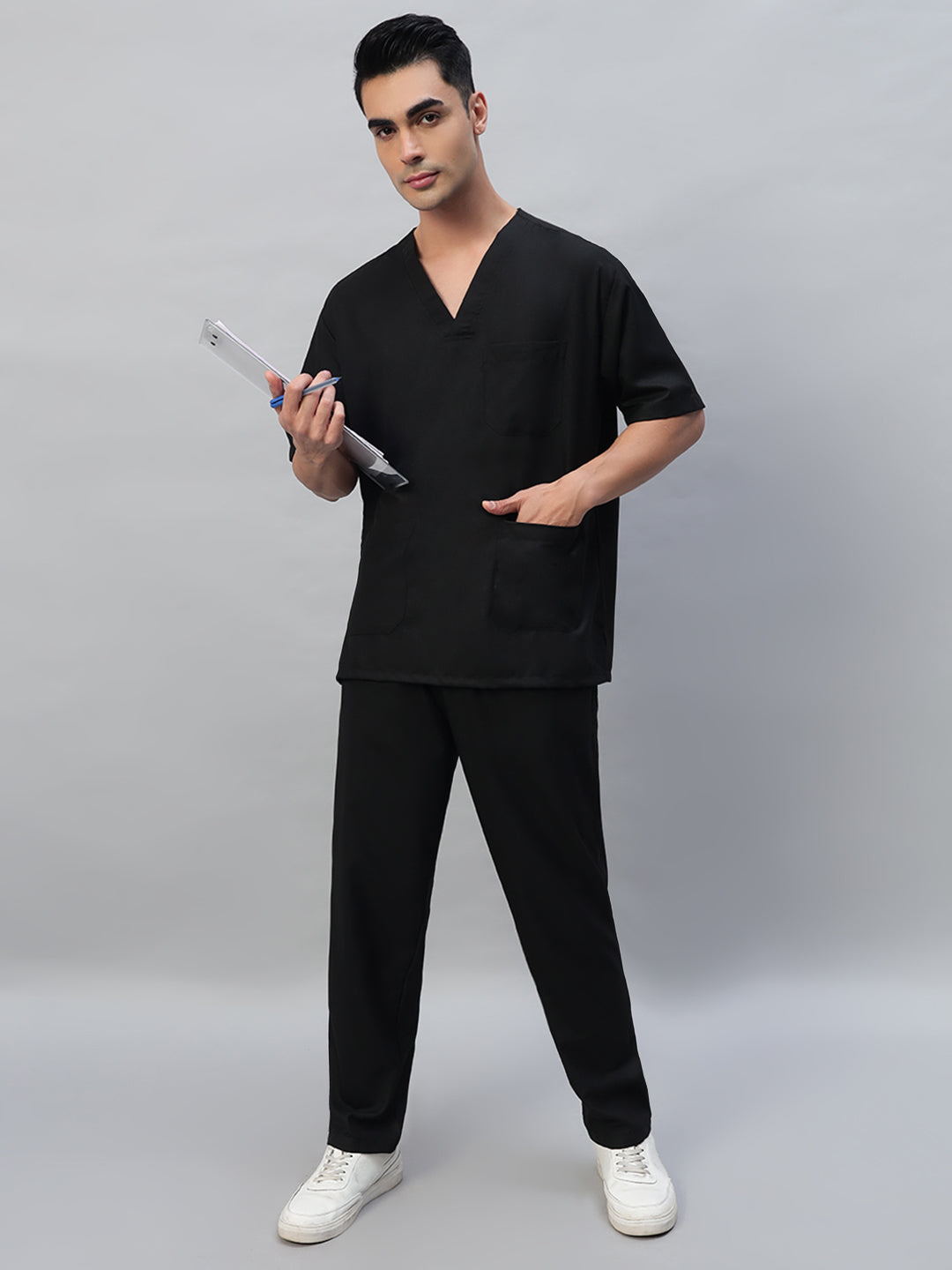 Black Athleisure Stretch Half Sleeve Medical Scrubs - Male