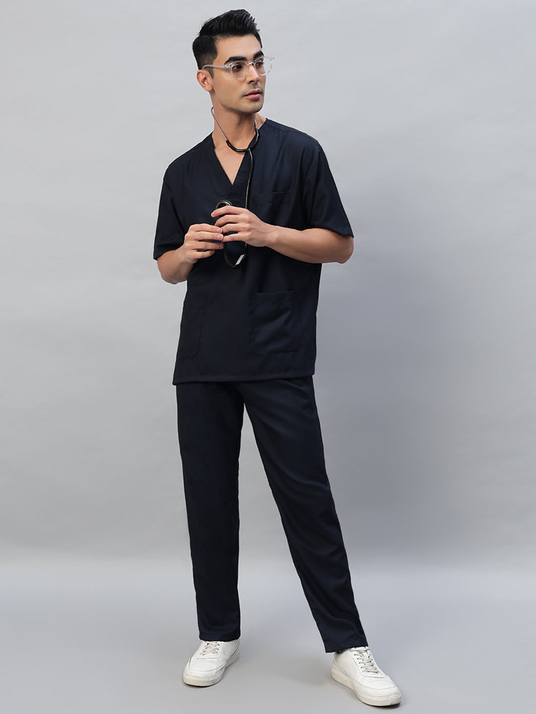 Blue Black Athleisure Stretch Half Sleeve Medical Scrubs - Male