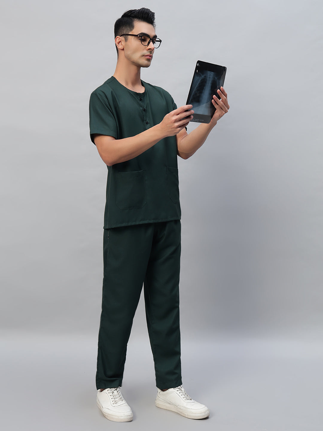 Dark Green All-Day Half Sleeve Round Neck 3 Buttons Medical Scrubs - Male