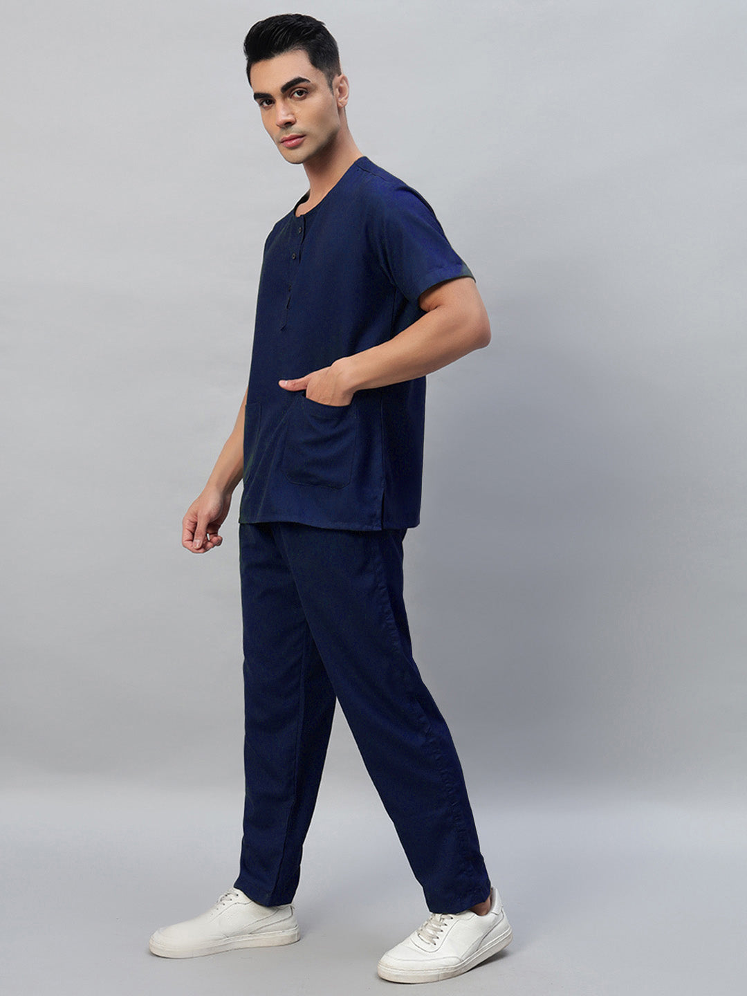 Navy Blue All-Day Half Sleeve Round Neck 3 Buttons Medical Scrubs - Male