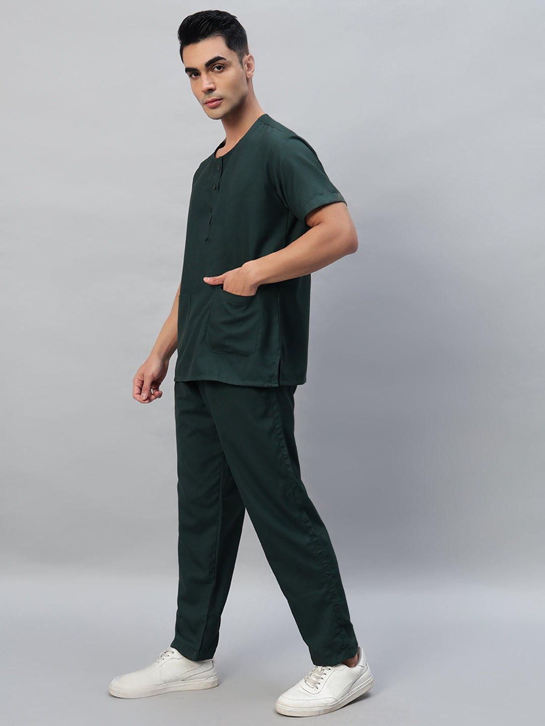 Dark Green All-Day Half Sleeve Round Neck 3 Buttons Medical Scrubs - Male