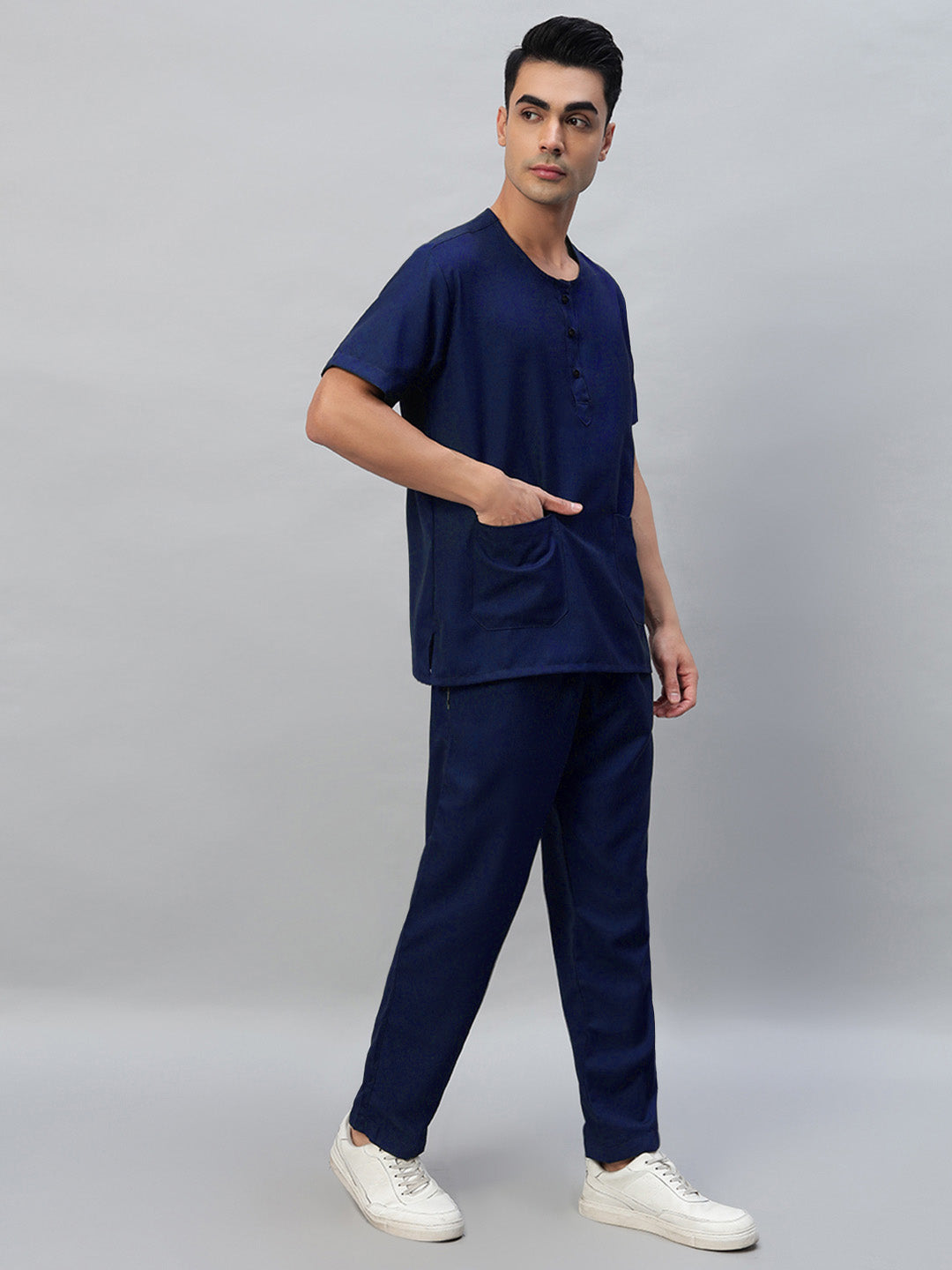 Navy Blue All-Day Half Sleeve Round Neck 3 Buttons Medical Scrubs - Male