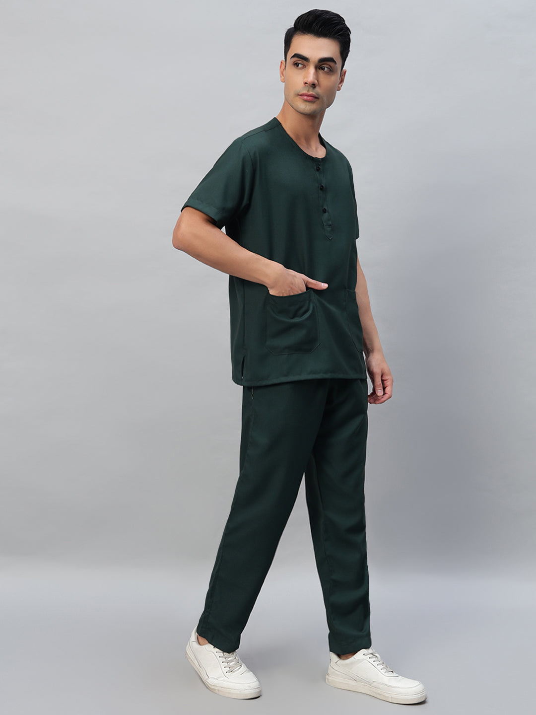 Dark Green All-Day Half Sleeve Round Neck 3 Buttons Medical Scrubs - Male