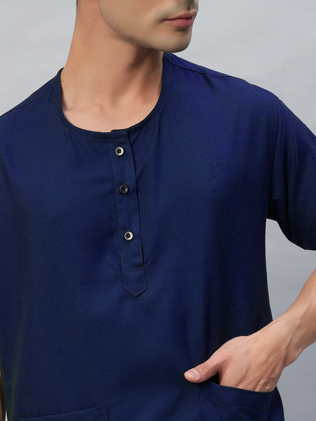 Navy Blue All-Day Half Sleeve Round Neck 3 Buttons Medical Scrubs - Male