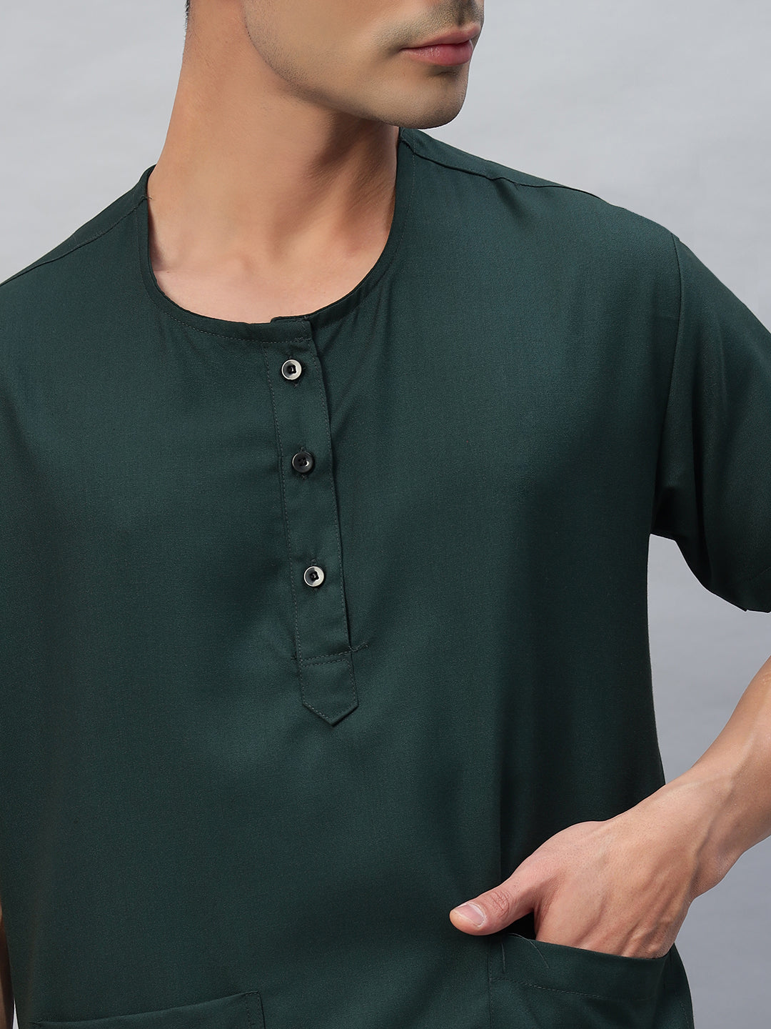 Dark Green All-Day Half Sleeve Round Neck 3 Buttons Medical Scrubs - Male