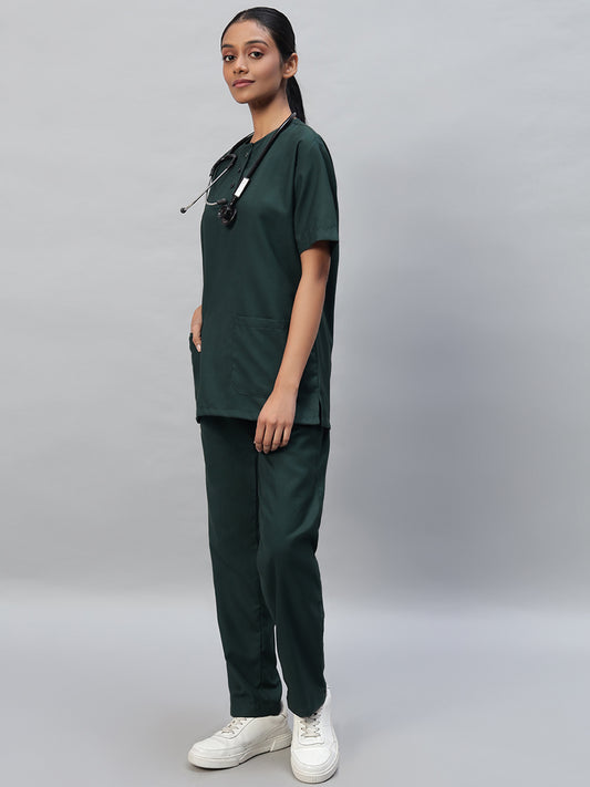 Dark Green All-Day Half Sleeve Round Neck 3 Buttons Medical Scrubs - Female