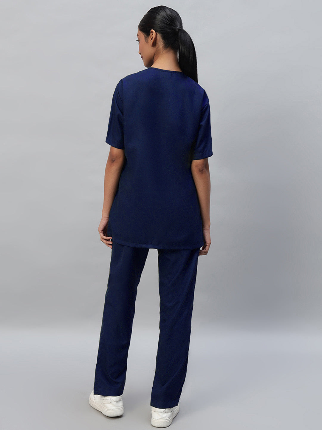 Navy Blue All-Day Half Sleeve Round Neck 3 Buttons Medical Scrubs - Female