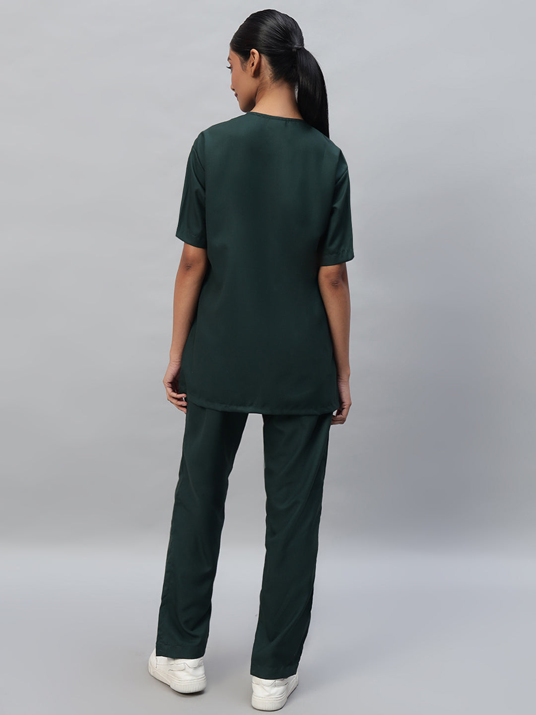 Dark Green All-Day Half Sleeve Round Neck 3 Buttons Medical Scrubs - Female