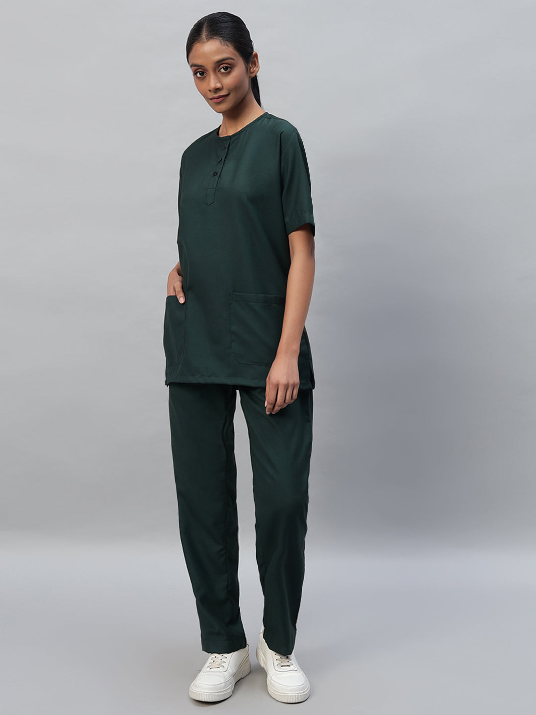 Dark Green All-Day Half Sleeve Round Neck 3 Buttons Medical Scrubs - Female