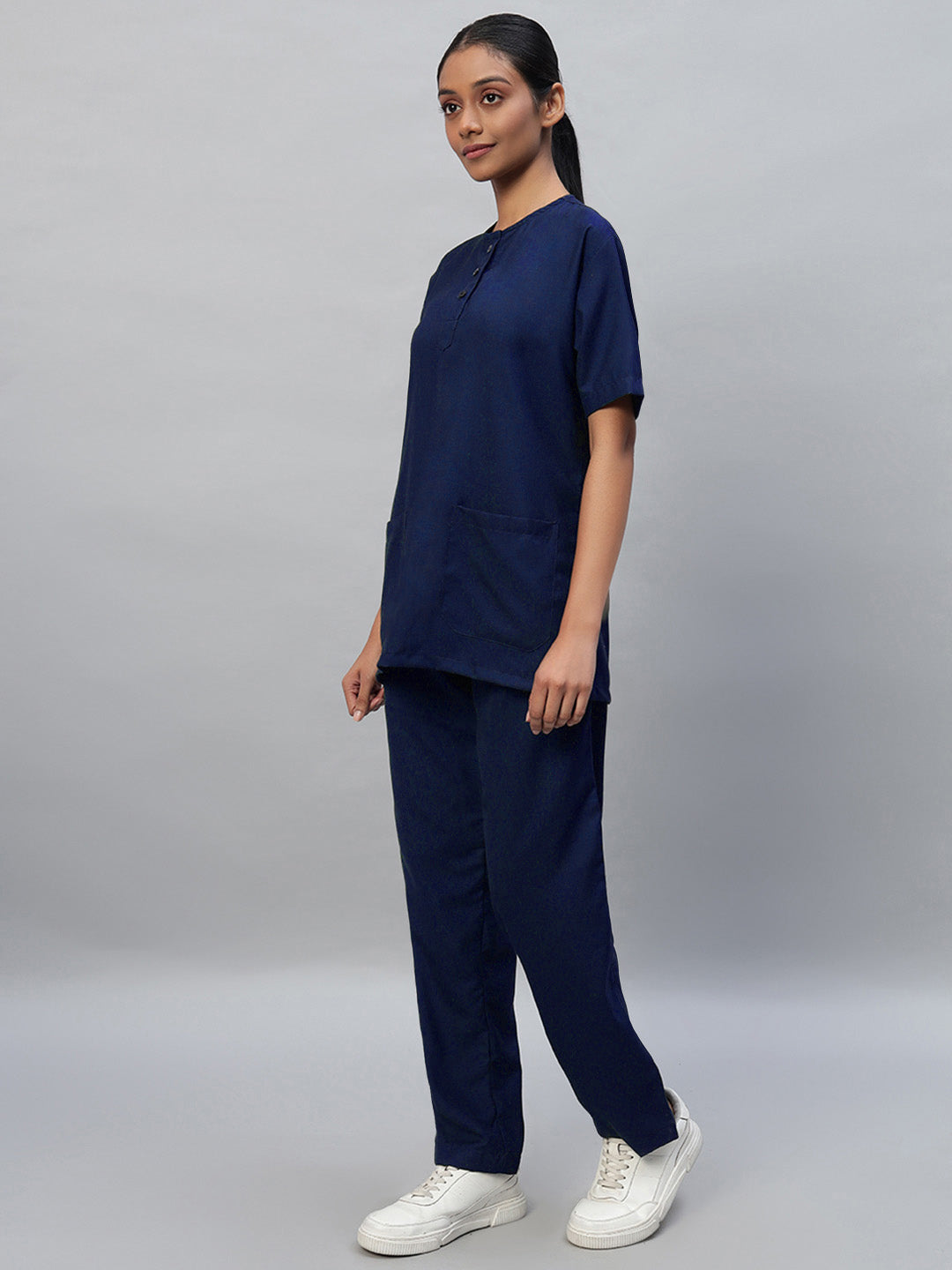 Navy Blue All-Day Half Sleeve Round Neck 3 Buttons Medical Scrubs - Female