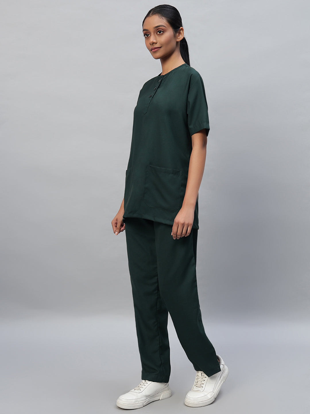 Dark Green All-Day Half Sleeve Round Neck 3 Buttons Medical Scrubs - Female