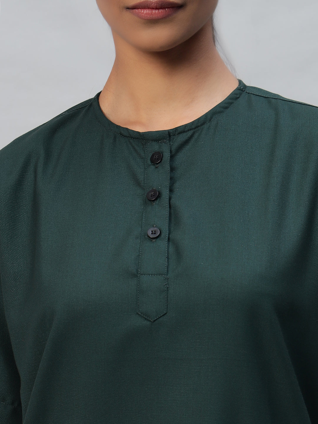 Dark Green All-Day Half Sleeve Round Neck 3 Buttons Medical Scrubs - Female