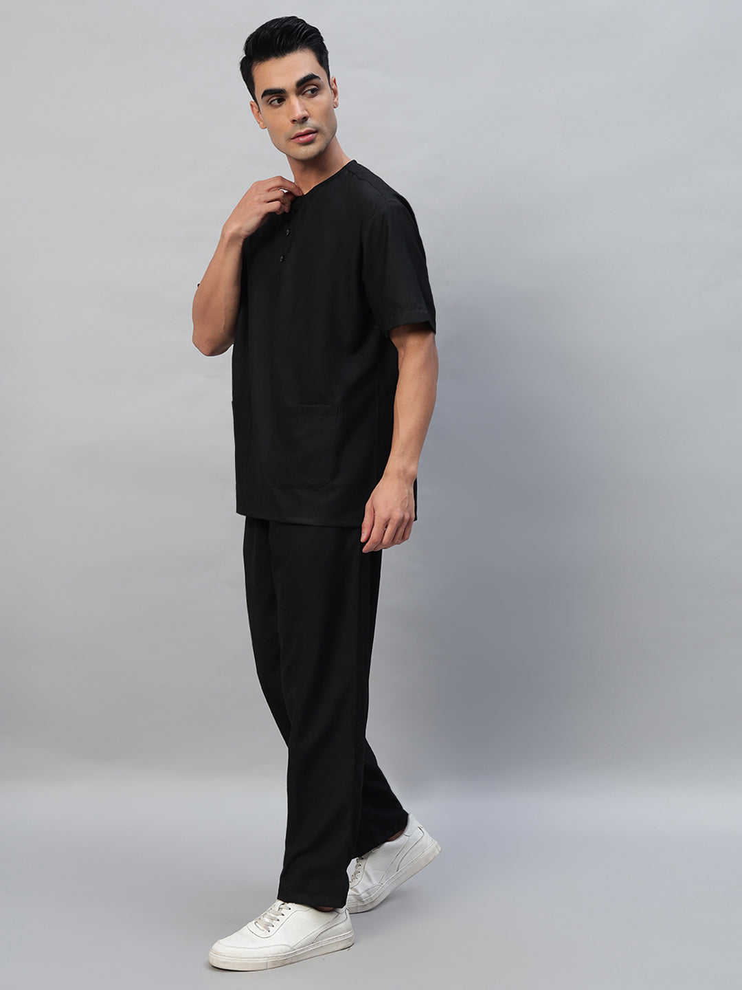 Black  All-Day Half Sleeve Round Neck 3 Buttons Medical Scrubs - Male