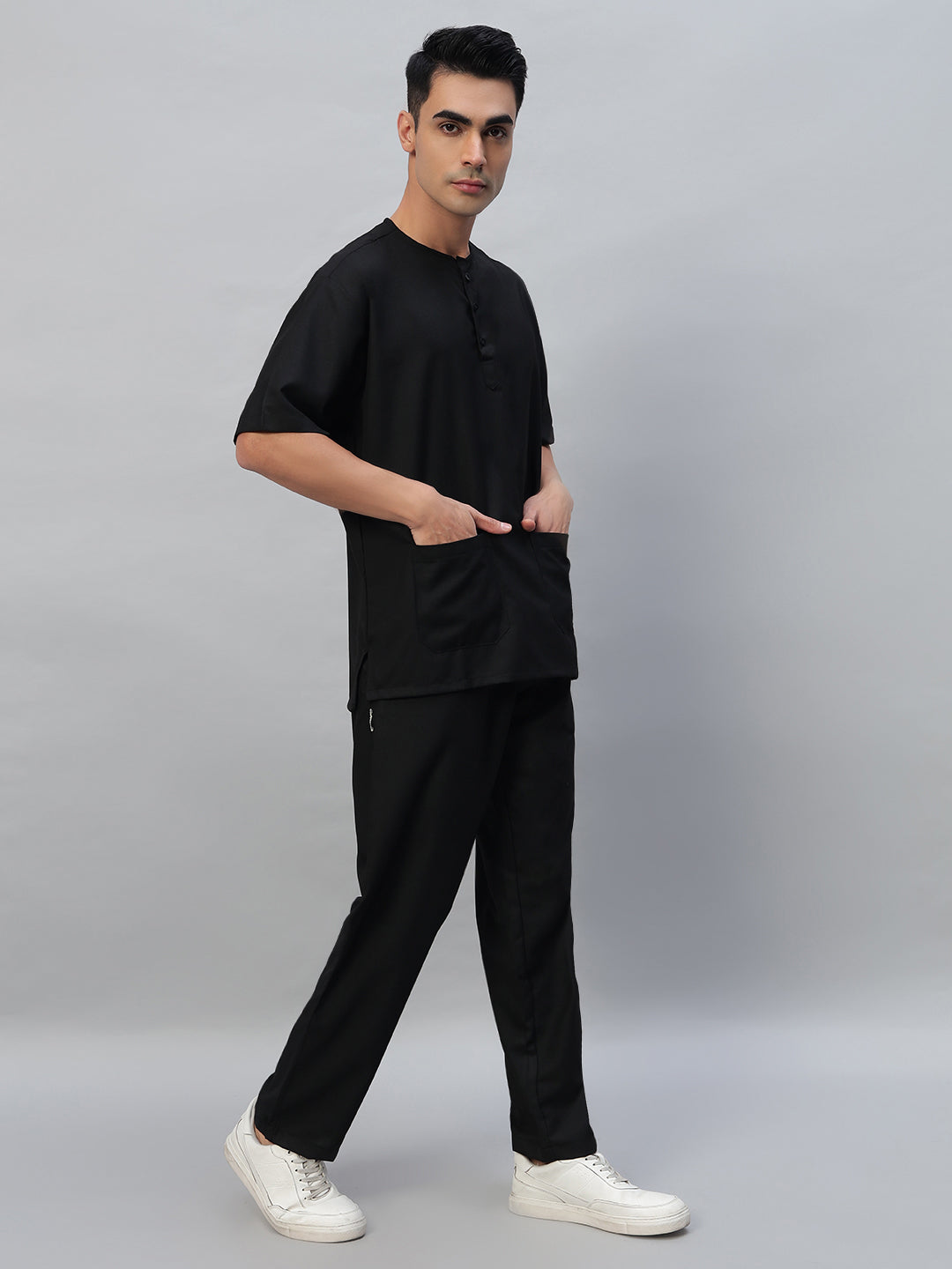 Black  All-Day Half Sleeve Round Neck 3 Buttons Medical Scrubs - Male