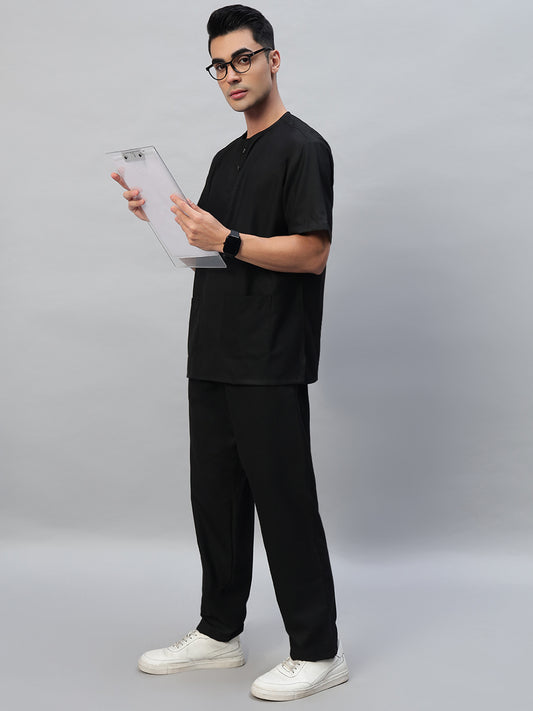 Black  All-Day Half Sleeve Round Neck 3 Buttons Medical Scrubs - Male