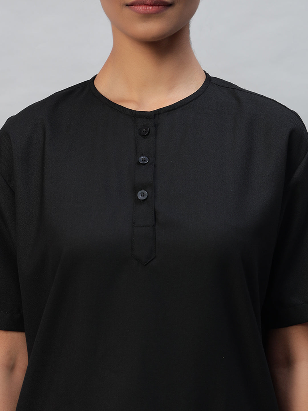 Black All-Day Half Sleeve Round Neck 3 Buttons Medical Scrubs - Female