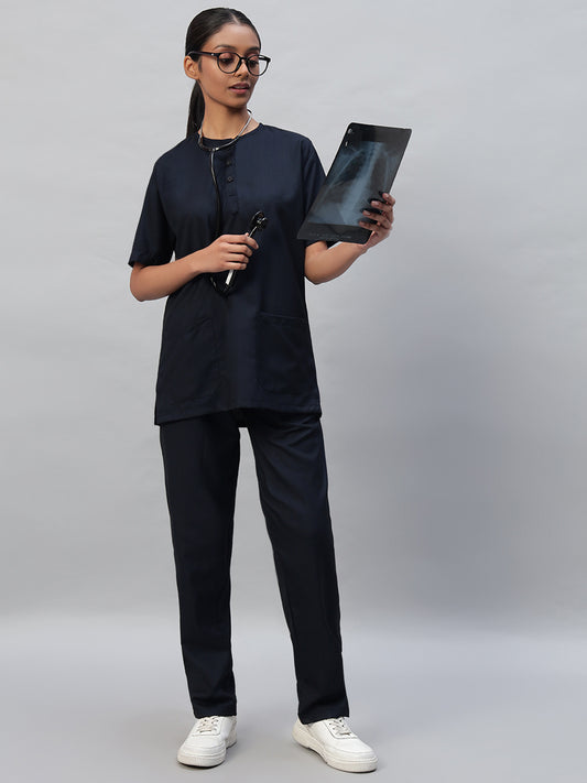 Blue Black All-Day Half Sleeve Round Neck 3 Buttons Medical Scrubs - Female