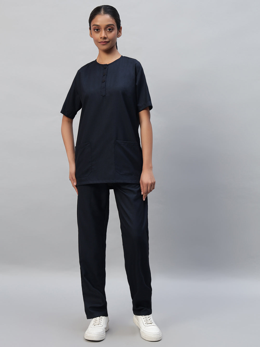 Blue Black All-Day Half Sleeve Round Neck 3 Buttons Medical Scrubs - Female