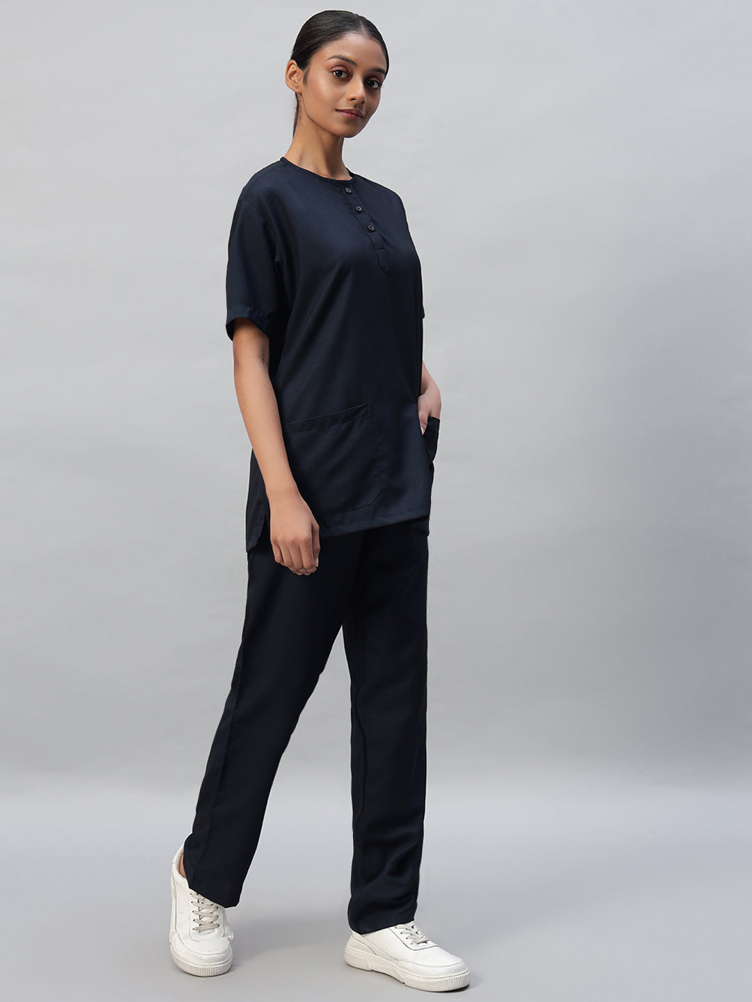 Blue Black All-Day Half Sleeve Round Neck 3 Buttons Medical Scrubs - Female