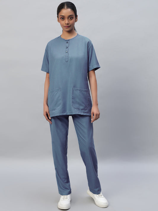 Teal All-Day Half Sleeve Round Neck 3 Buttons Medical Scrubs - Female