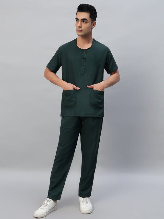 Dark Green All-Day Half Sleeve Round Neck 3 Buttons Medical Scrubs - Male